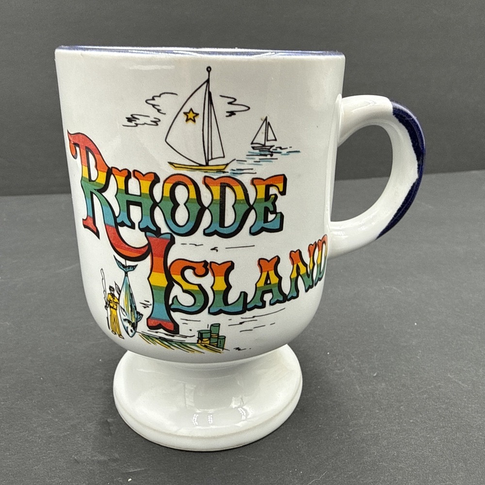 Vintage Rhode Island Footed Pedestal Rainbow Souvenir Coffee Mug Tea Cup